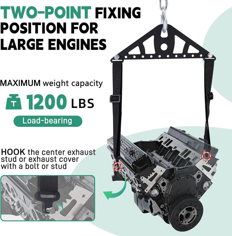 Ustinian Universal 2 Point or 4 Point Engine Lift Sling Kit Featuring Black Powder Coated Steel Construction with Adjustable Nylon Straps and a 1200 lb Capacity for Easy Installation - Image 3
